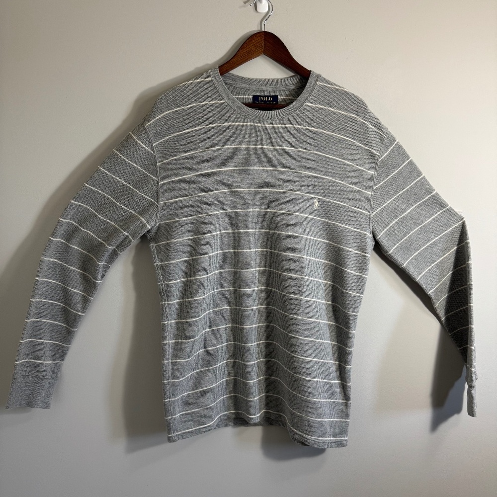Polo Ralph Lauren Waffle Knit Thermal Long Sleeve Shirt Mens XL Gray Stripe Pony